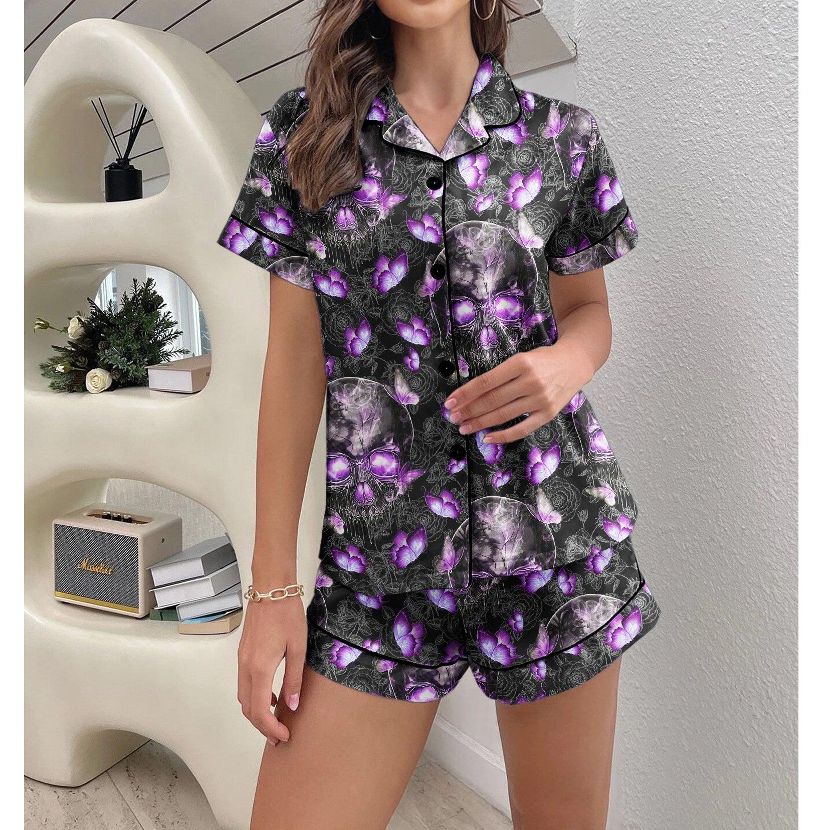 Skull Butterfly Purple Sexy Pajama Sets With Short Sleeve - Wonder Skull