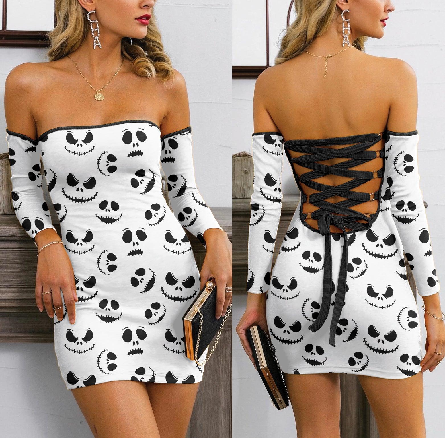 Nightmare White Pattern Off-shoulder Back Lace-up Dress - Wonder Skull