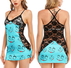 Unique Nightmare Pattern Blue Lace Cami Babydoll - Wonder Skull