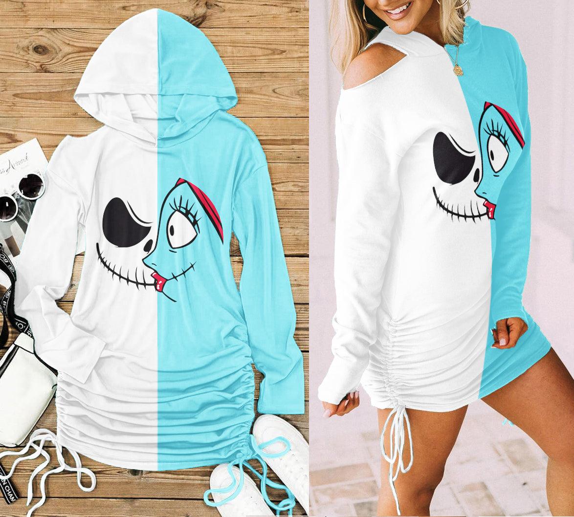 Half Blue Half White Nightmare Open Shoulder Dress Hoodie - Wonder Skull