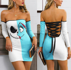 Nightmare Half Blue Half White Off-shoulder Back Lace-up Dress - Wonder Skull