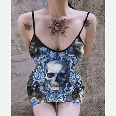 Blue Cloud Skull Printed Body Dress, Elegant Shape Out Sleeveless Minidress For Women - Wonder Skull