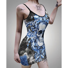 Blue Cloud Skull Printed Body Dress, Elegant Shape Out Sleeveless Minidress For Women - Wonder Skull