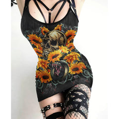 Sunflower Snake Skull Printed Body Dress, Hot Sleeveless Minidress For Women - Wonder Skull