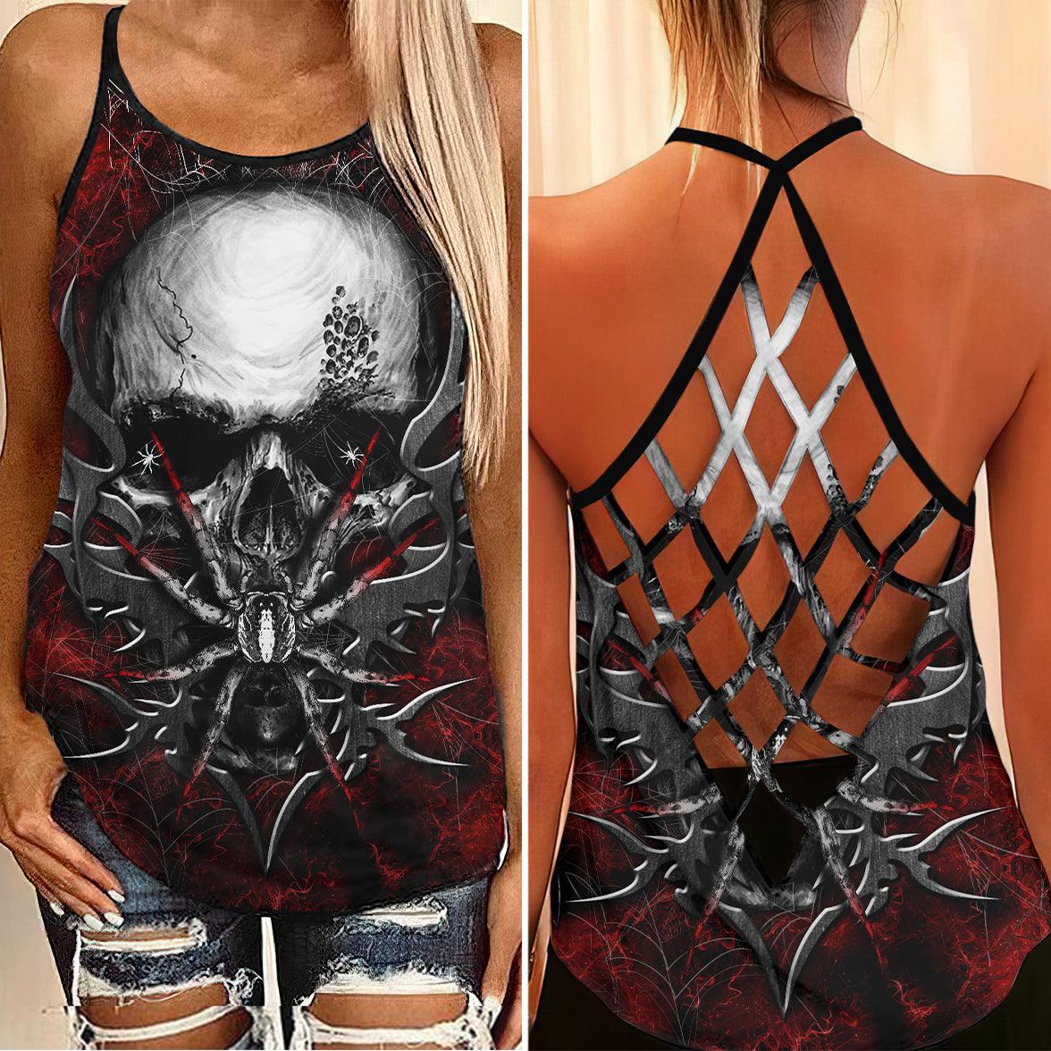 Gothic Spider Skull Criss-Cross Open Back Tank Top, Hot T-Shirt For Women - Wonder Skull