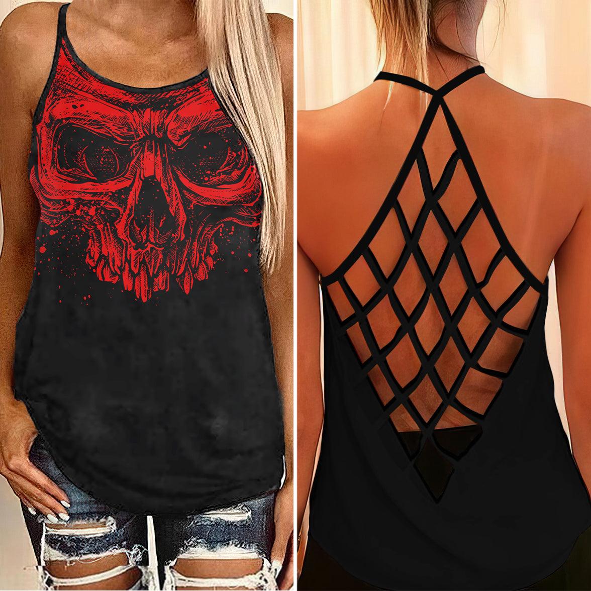 Red Skull Criss-Cross Open Back Tank Top, Hot T-Shirt For Women - Wonder Skull