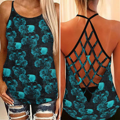 Vintage Blue Gothic Skull Criss-Cross Open Back Tank Top, Trending T-Shirt For Women - Wonder Skull