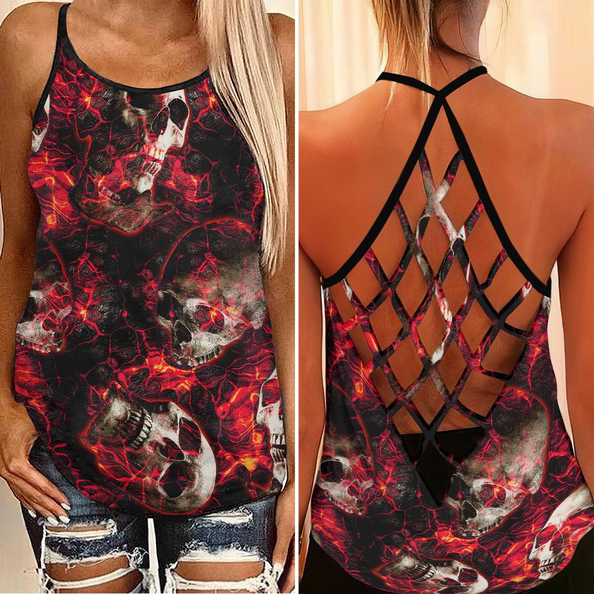 Red Electric Skull Artwork Hand Criss-Cross Open Back Tank Top, Trending T-Shirt For Women - Wonder Skull