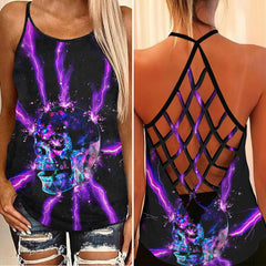 Purple Thunder Criss-Cross Open Back Tank Top, Trending T-Shirt For Women - Wonder Skull