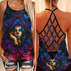 Halloween Sugar Girl Pumpkin Criss-Cross Open Back Tank Top, Hot T-Shirt For Women - Wonder Skull