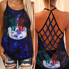 Wolves Fighter Criss-Cross Open Back Tank Top, Hot T-Shirt For Women - Wonder Skull