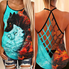 Fire & Snow Wolf Criss-Cross Open Back Tank Top, Hot T-Shirt For Women - Wonder Skull