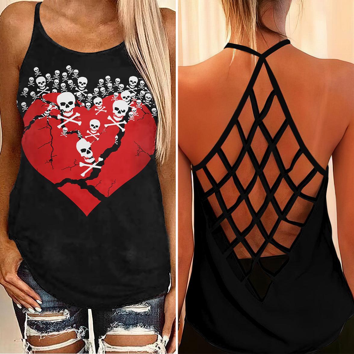 Skull Bone Heart Criss-Cross Open Back Tank Top, Hot T-Shirt For Women - Wonder Skull
