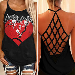 Skull Bone Heart Criss-Cross Open Back Tank Top, Hot T-Shirt For Women - Wonder Skull