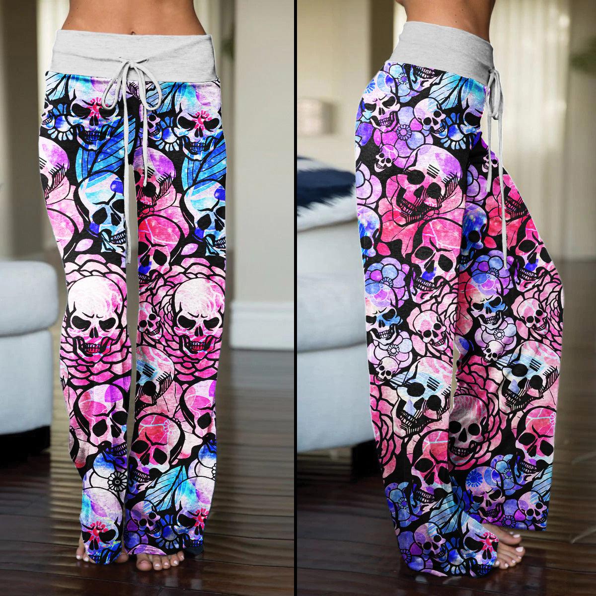 Skull Rose Pattern Pajama Pants Print Palazzo Lounge - Wonder Skull