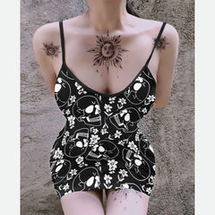 Negative Black Skull Floral Printed Body Dress, Hot Sleeveless Minidress For Women-Wonder Skull