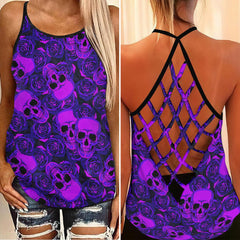 Negative Purple Skull Rose Criss-Cross Open Back Tank Top, Coolest T-Shirt For Women - Wonder Skull