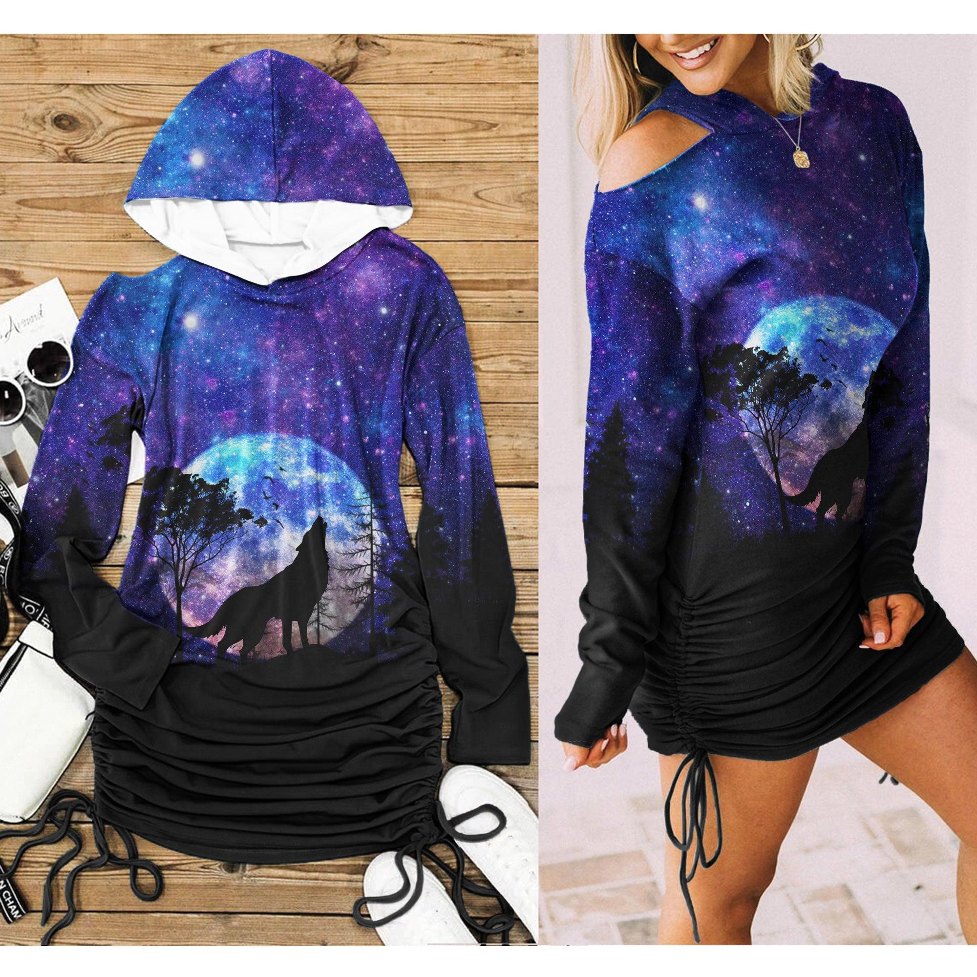 Night Moon Wolf All Over Print Women One Shoulder Dress With Waist Shirring, Long Hoodie For Women - Wonder Skull