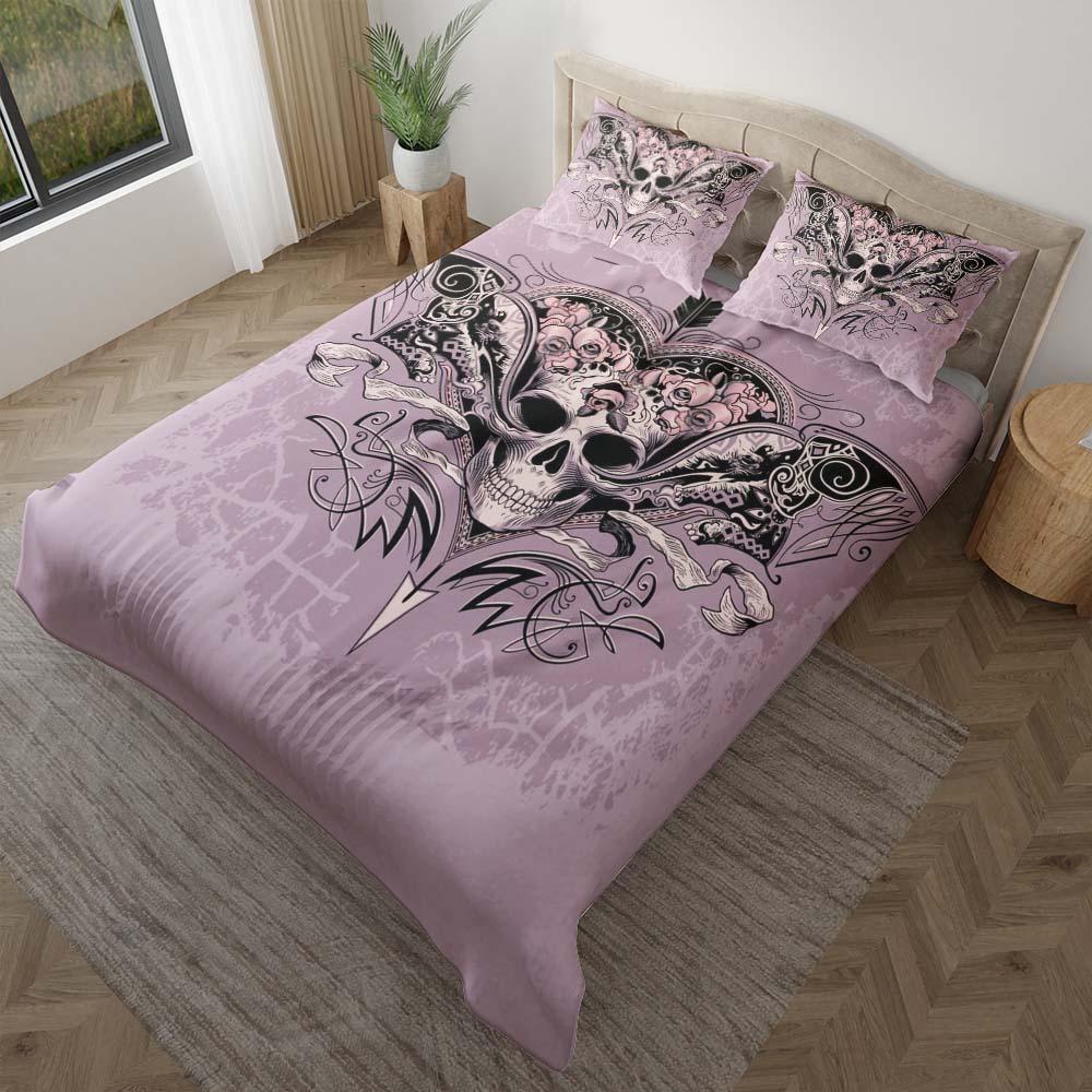 Pastel Purple Skull Heart And Roses Duvet Cover Set - Wonder Skull
