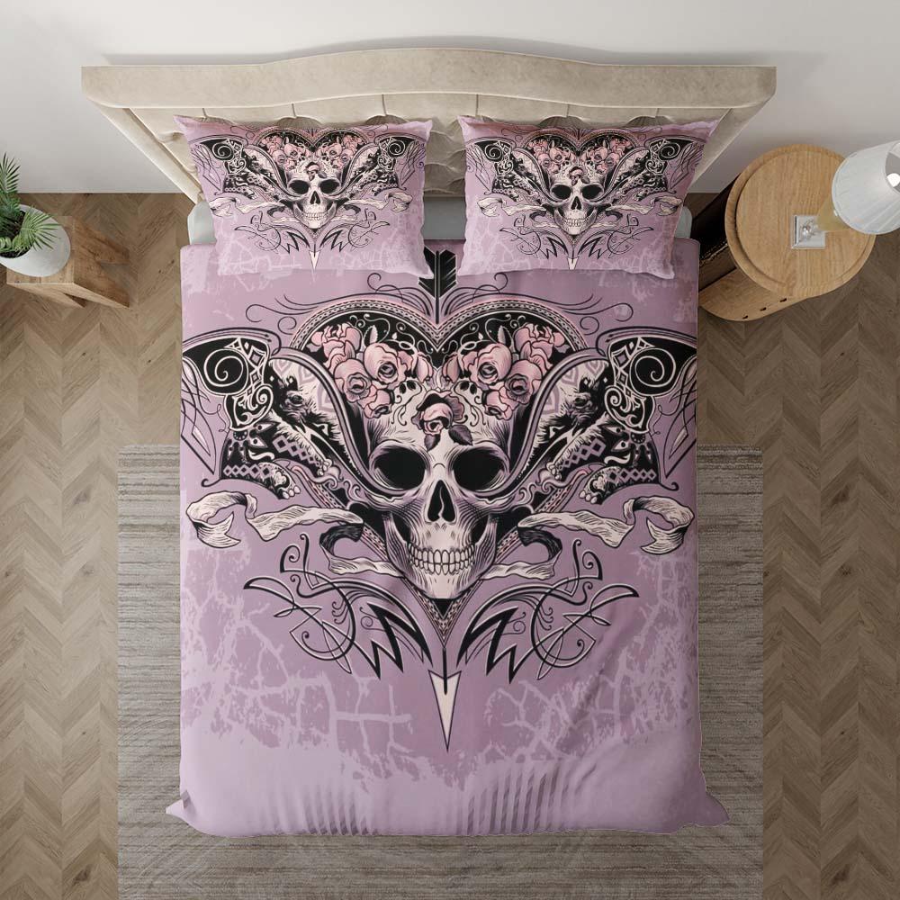 Pastel Purple Skull Heart And Roses Duvet Cover Set - Wonder Skull