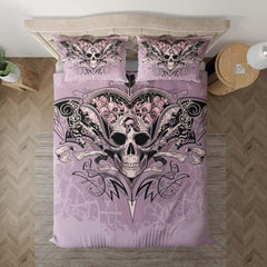 Pastel Purple Skull Heart And Roses Duvet Cover Set - Wonder Skull