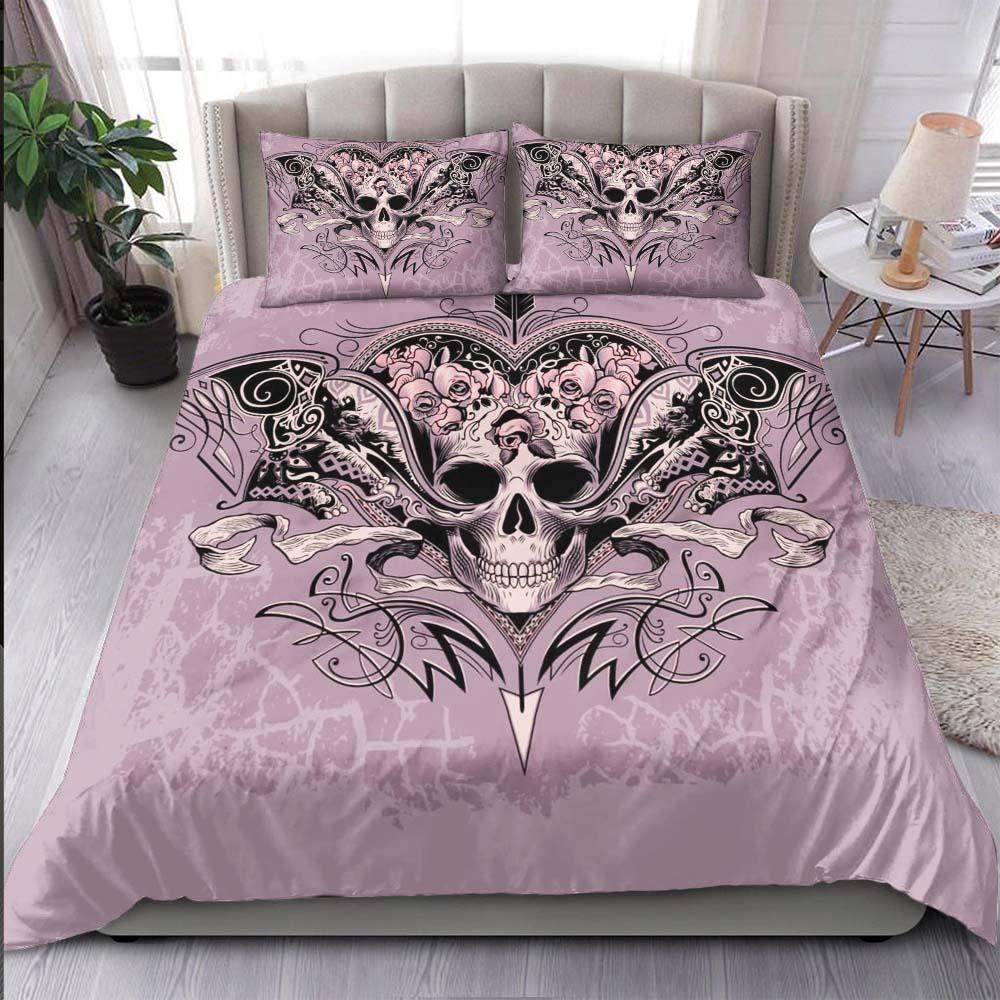 Pastel Purple Skull Heart And Roses Duvet Cover Set - Wonder Skull