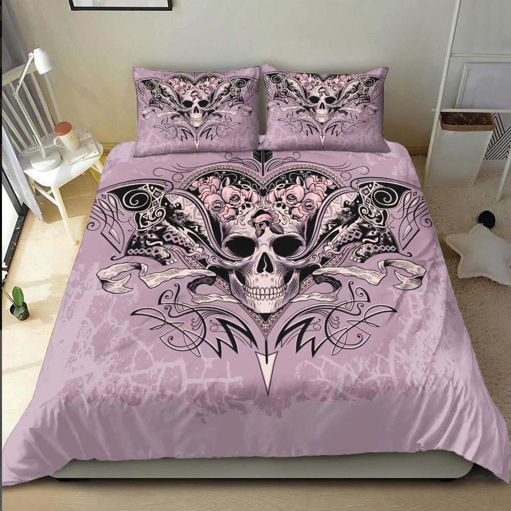 Pastel Purple Skull Heart And Roses Duvet Cover Set - Wonder Skull