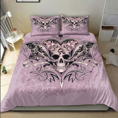 Pastel Purple Skull Heart And Roses Duvet Cover Set - Wonder Skull