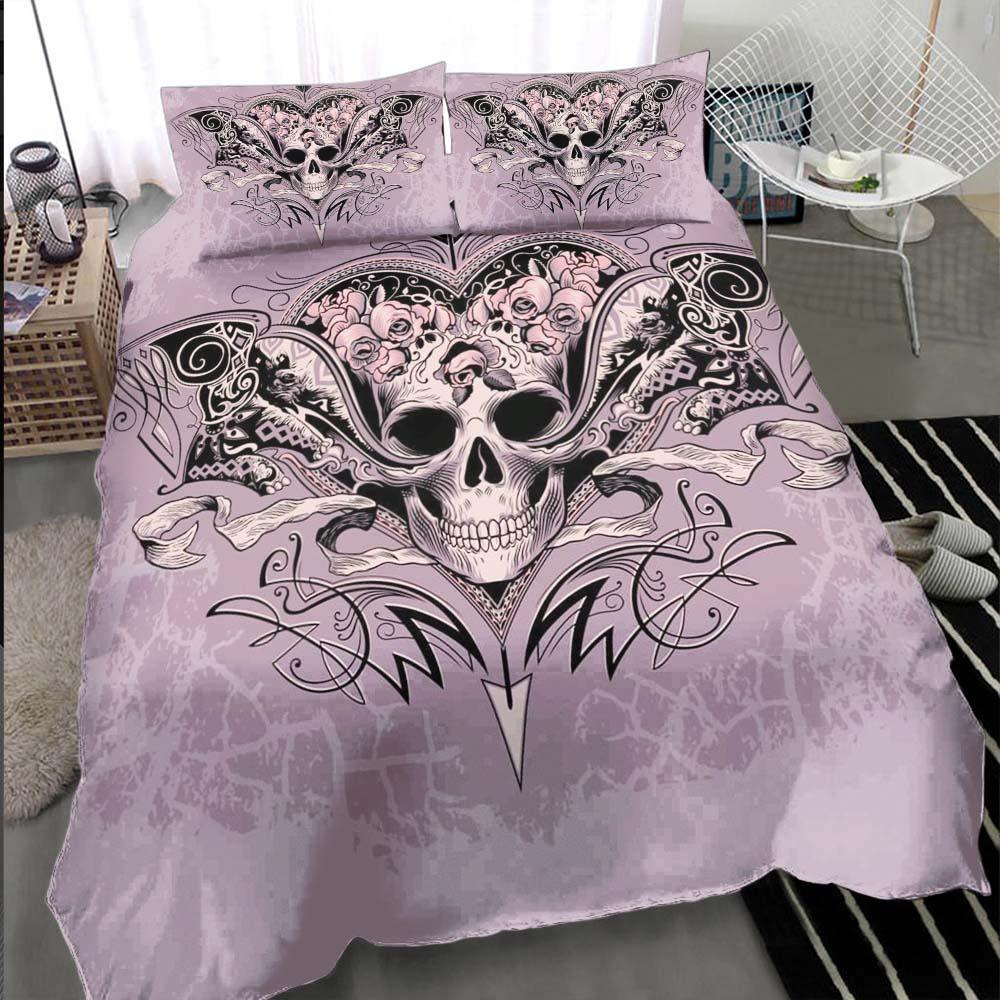 Pastel Purple Skull Heart And Roses Duvet Cover Set - Wonder Skull