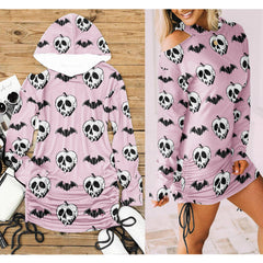 Pink Bat Skull All Over Print Women One Shoulder Dress With Waist Shirring, Long Hoodie For Women - Wonder Skull