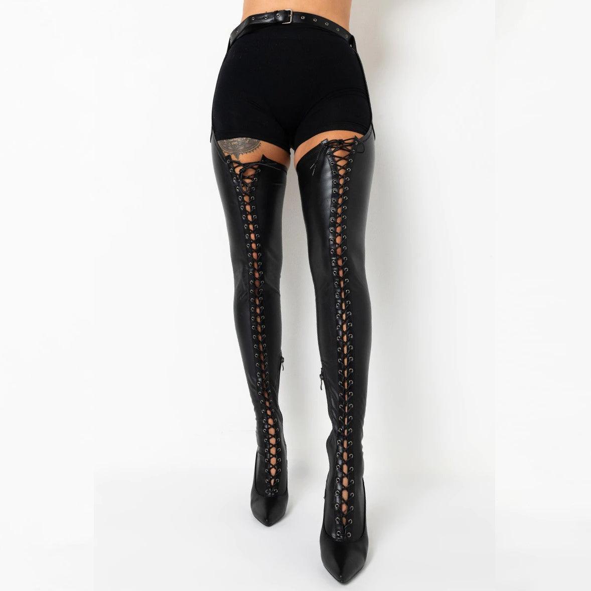 Punk Gothic Cross-Tied Overknee Boots, Impressive Leather Strip Shoe For Women - Wonder Skull