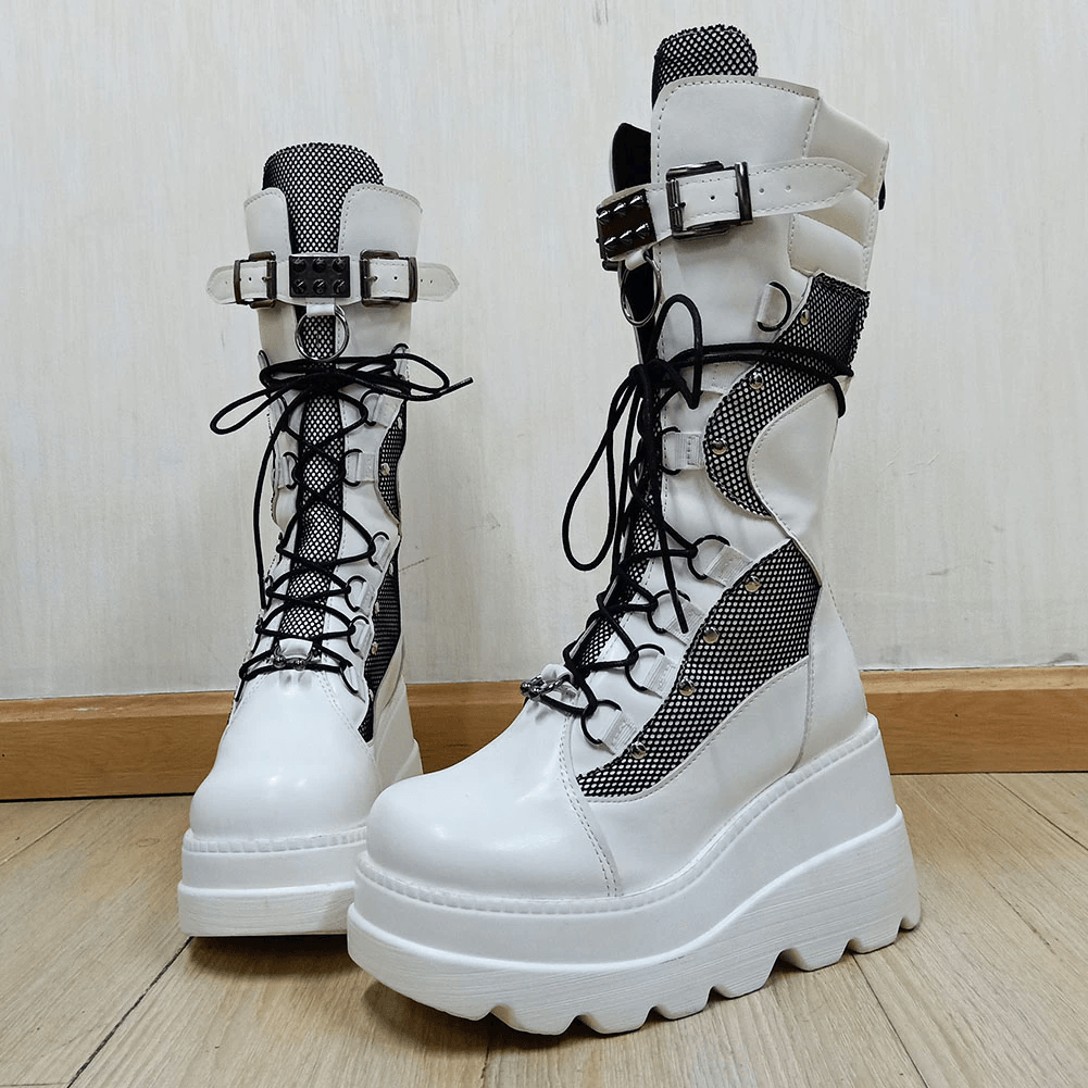 Punk Gothic High Platform Boots, Amazing Lace-Up Mid-Calf Shoes For Women - Wonder Skull
