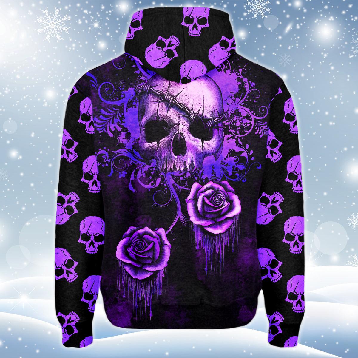 Purple Skull Flower Print Unisex Pullover Hoodie - Wonder Skull