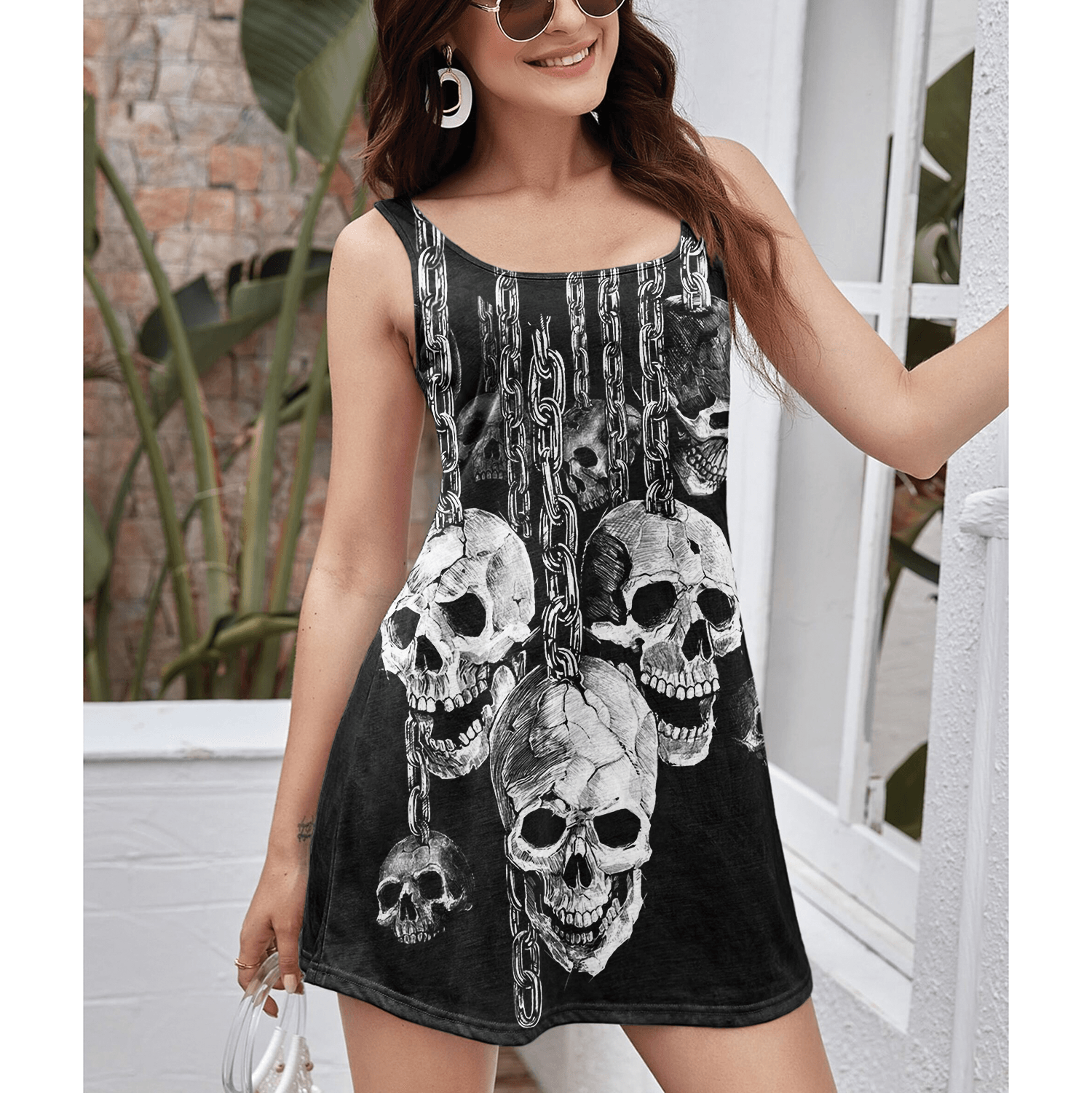Skull With Iron Chain Women's Cut & Sew Racerback Dress - Wonder Skull