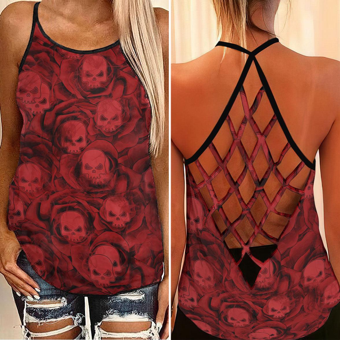 Red Fluid Skull Pattern Criss-Cross Open Back Tank Top, Coolest T-Shirt For Women - Wonder Skull