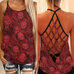 Red Fluid Skull Pattern Criss-Cross Open Back Tank Top, Coolest T-Shirt For Women - Wonder Skull