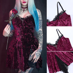 Romantic Goth Velvet Dress, Elegant Lace Trim Nightclub For Women - Wonder Skull