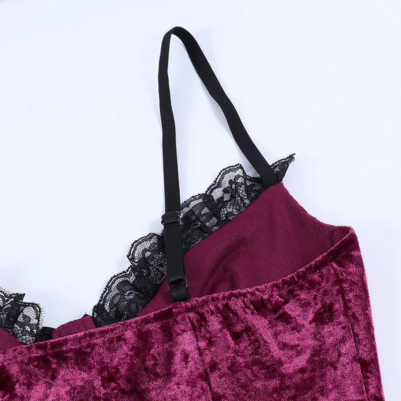 Romantic Goth Velvet Dress, Elegant Lace Trim Nightclub For Women - Wonder Skull