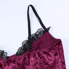 Romantic Goth Velvet Dress, Elegant Lace Trim Nightclub For Women - Wonder Skull