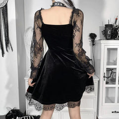 Romantic Gothic Velvet Dress, Elegant Floral Lcae Vestido For Women - Wonder Skull