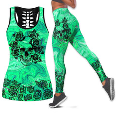 Rose Skull Goth Leggings And Hollow Tank Top Set For Women-Wonder Skull