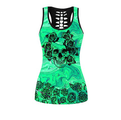 Rose Skull Goth Leggings And Hollow Tank Top Set For Women-Wonder Skull
