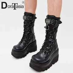 Punk Gothic High Platform Boots, Amazing Lace-Up Mid-Calf Shoes For Women - Wonder Skull