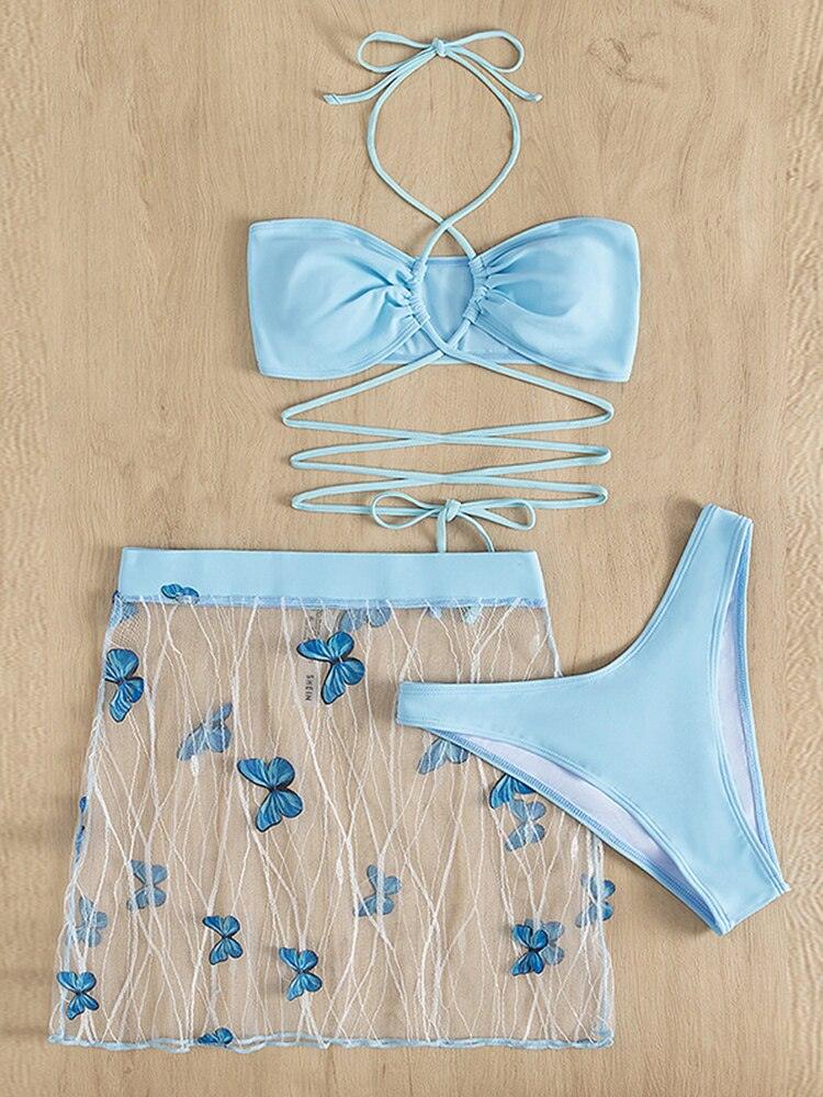 Sexy Three Pieces Bikini With Butterfly, Creative Mesh Beach Cover Up Swimwear For Women - Wonder Skull