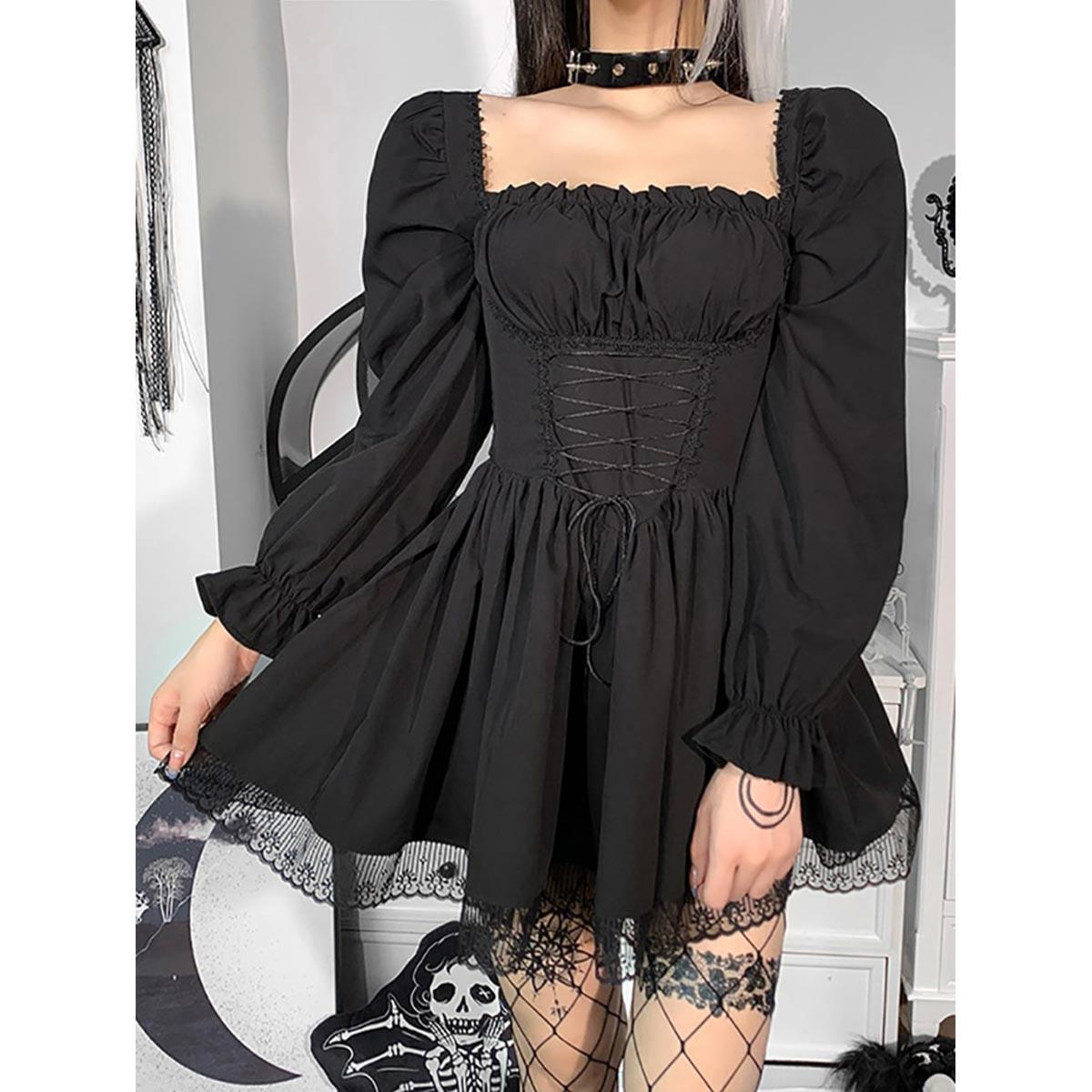 Multi Color Gothic Lace Puff Sleeve Dress, Cool Partywear For Women - Wonder Skull