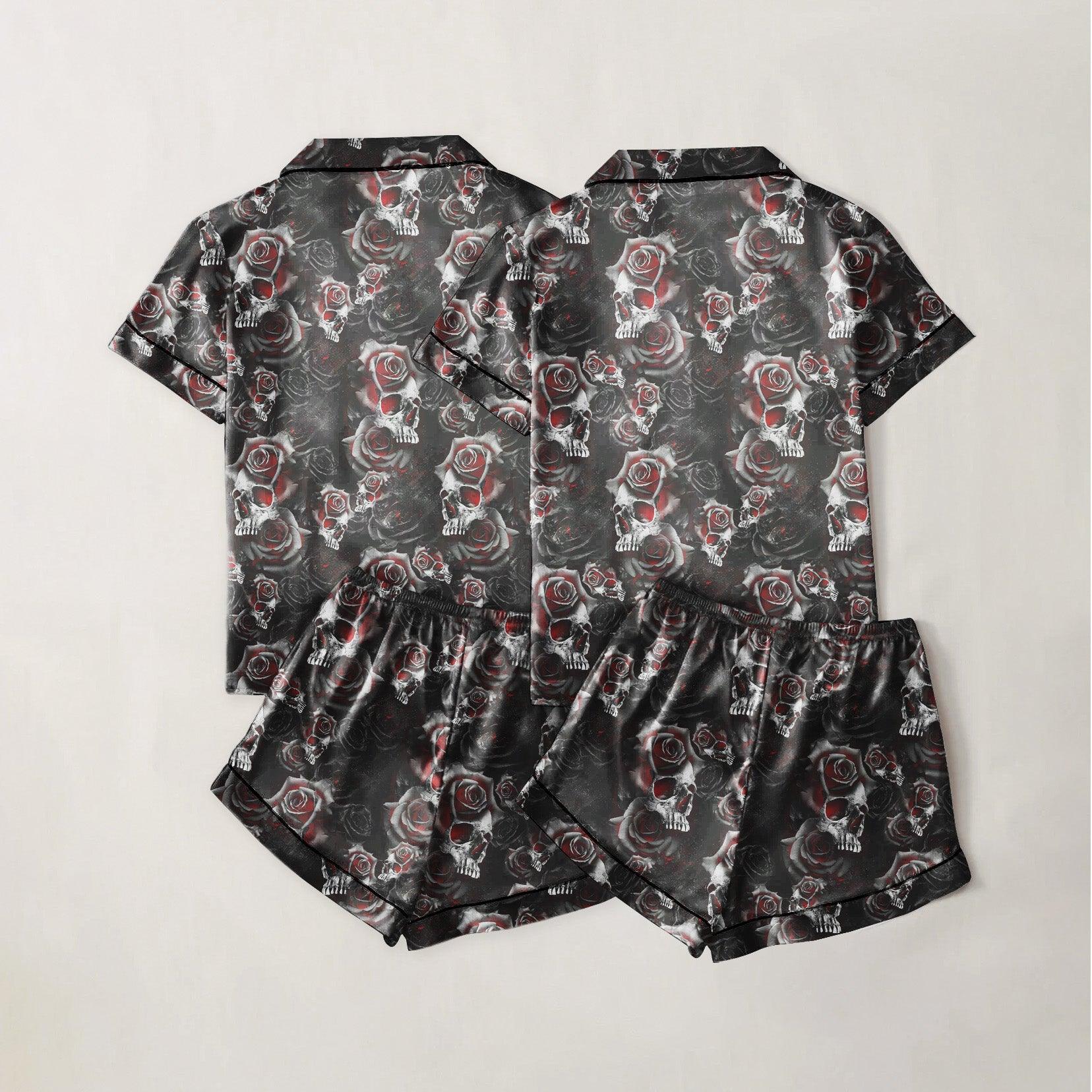 Skull Rose Dark Sexy Pajama Sets With Short Sleeve - Wonder Skull