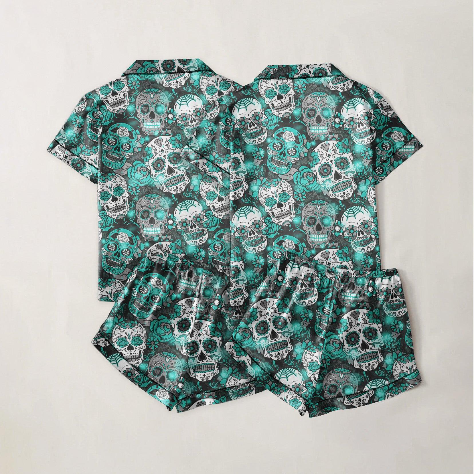 Skull Sugar Cyan Sexy Pajama Sets With Short Sleeve - Wonder Skull