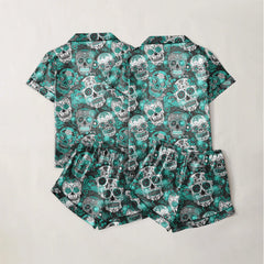 Skull Sugar Cyan Sexy Pajama Sets With Short Sleeve - Wonder Skull