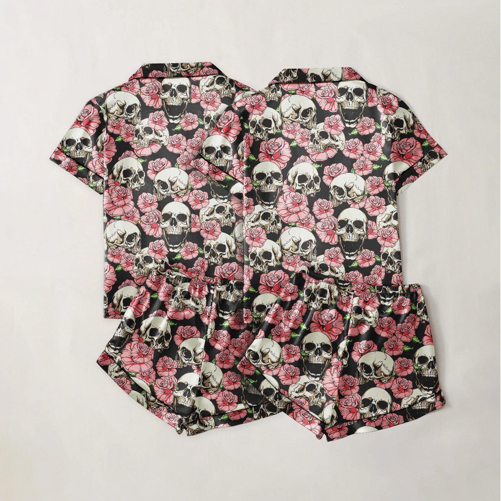 Skull Rose Pattern Sexy Pajama Sets With Short Sleeve - Wonder Skull