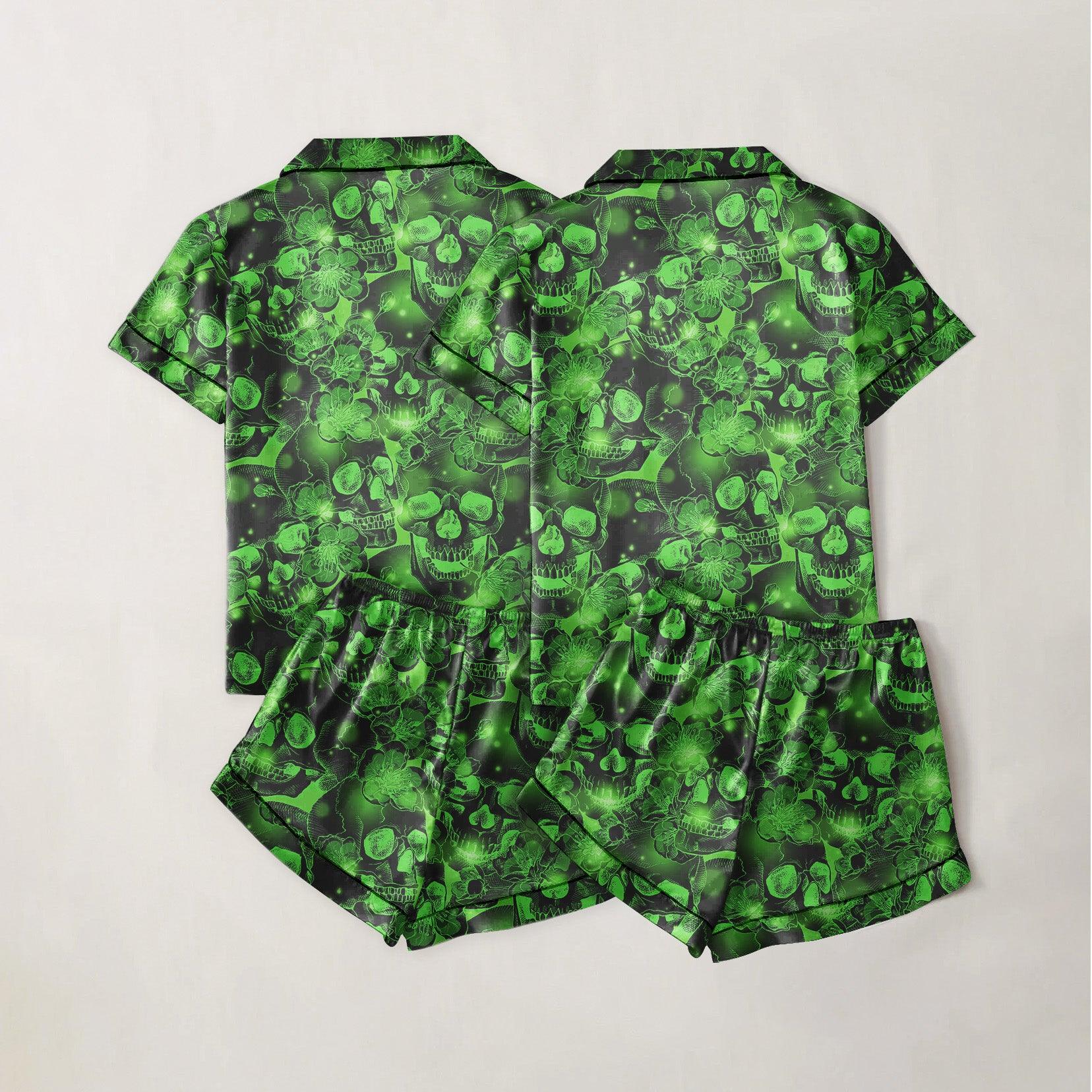 Skull Gothic Green Sexy Pajama Sets With Short Sleeve - Wonder Skull
